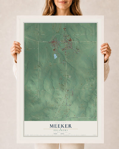 Map of Meeker, Oklahoma, 24 x 36 inch print in a white wood frame