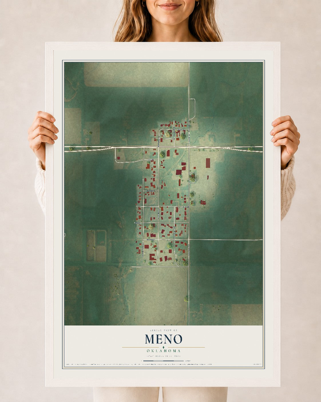 Map of Meno, Oklahoma, 24 x 36 inch print in a white wood frame