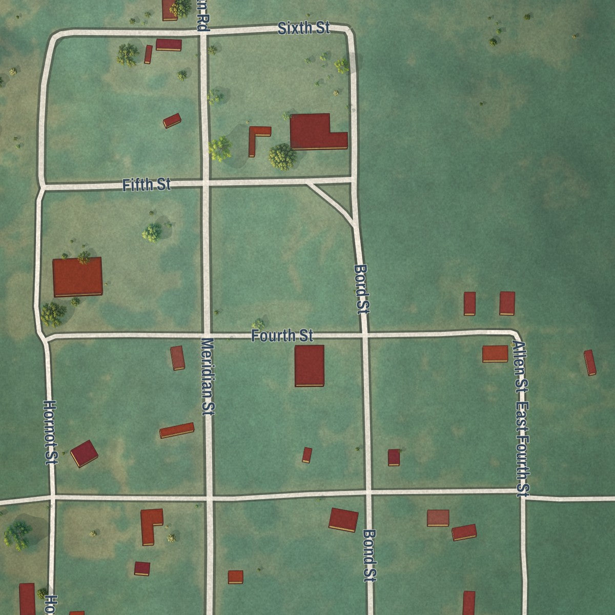 Close-up of the map of Meridian, Oklahoma print showing street and building detail