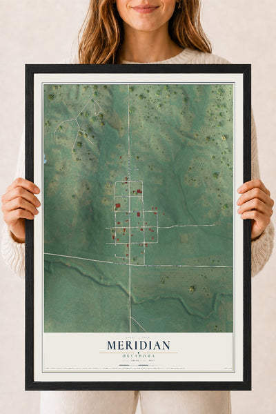 Map of Meridian, Oklahoma, 18 x 24 inch print in a black wood frame