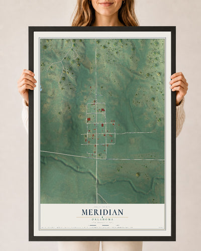 Map of Meridian, Oklahoma, 24 x 36 inch print in a black wood frame