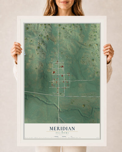 Map of Meridian, Oklahoma, 24 x 36 inch print in a white wood frame