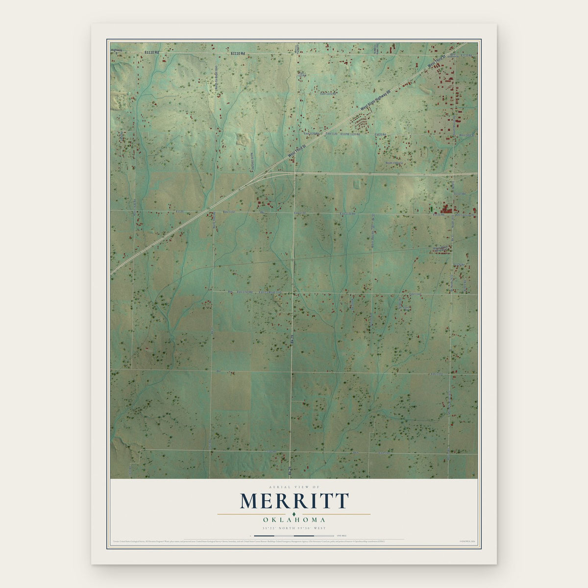 Merritt, Oklahoma map print, the full design