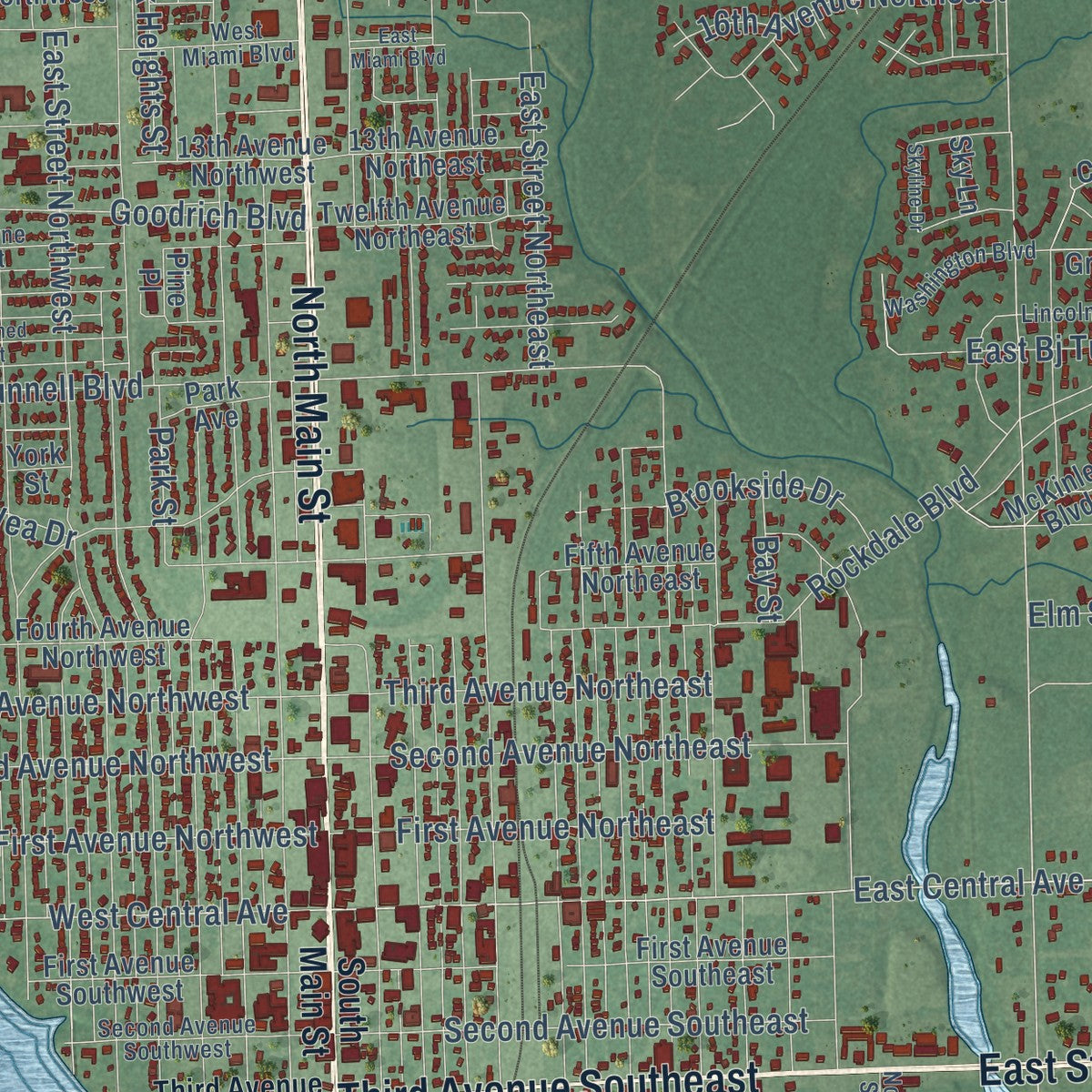 Close-up of the map of Miami, Oklahoma print showing street and building detail