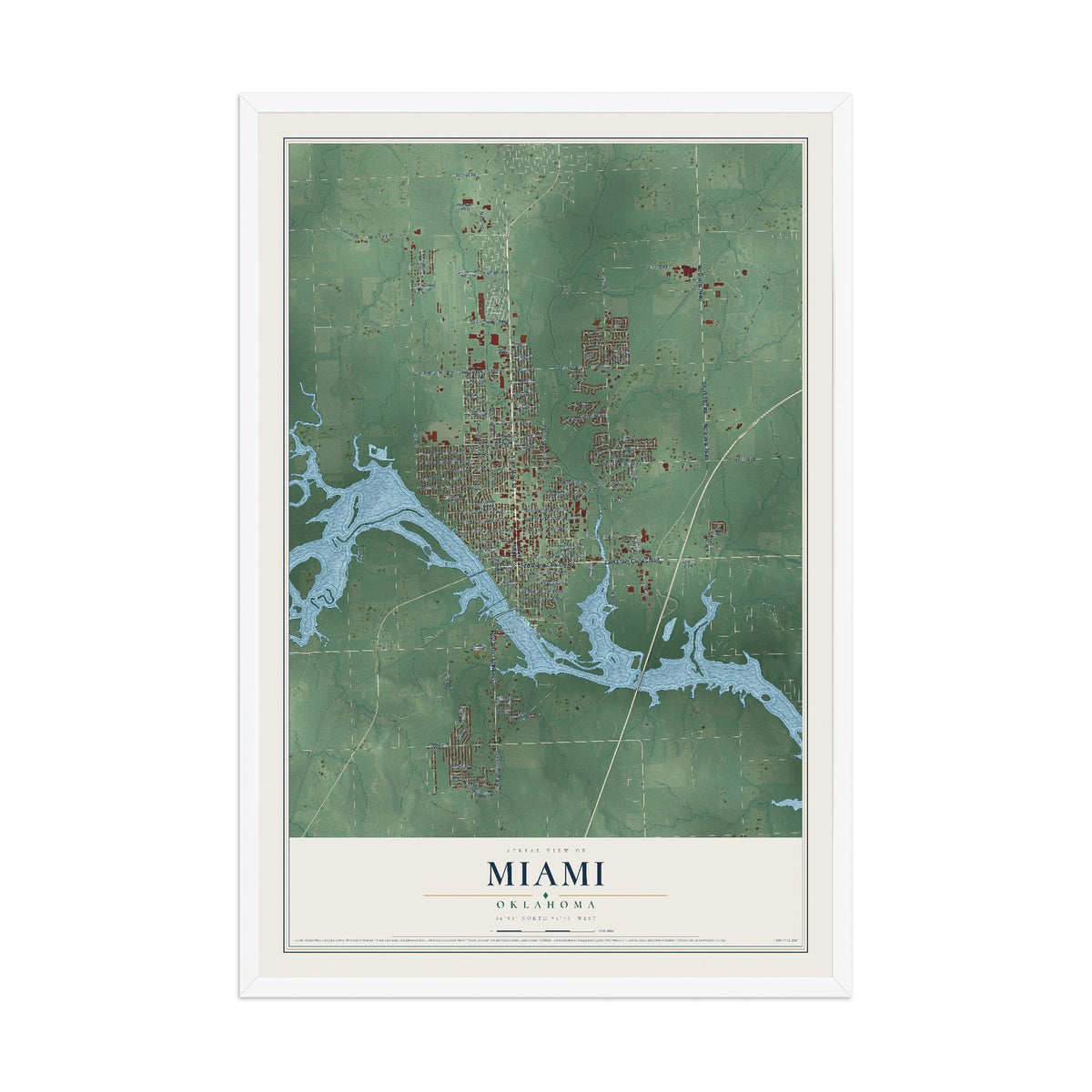 Map of Miami, Oklahoma, 12 x 18 inch print in a white wood frame