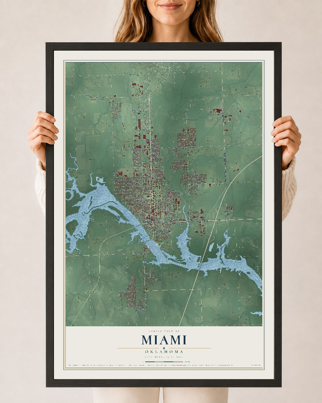 Map of Miami, Oklahoma, 24 x 36 inch print in a black wood frame