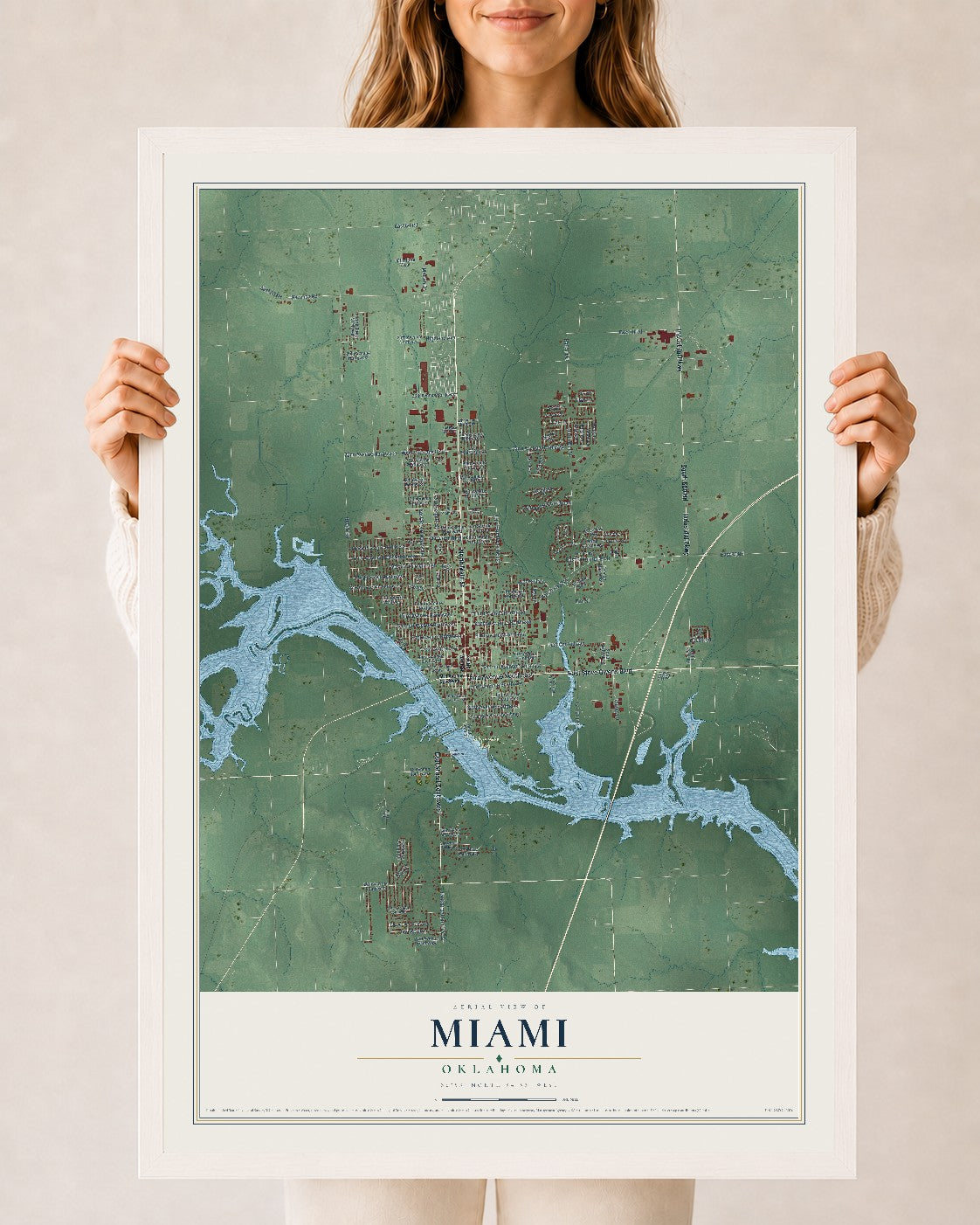 Map of Miami, Oklahoma, 24 x 36 inch print in a white wood frame