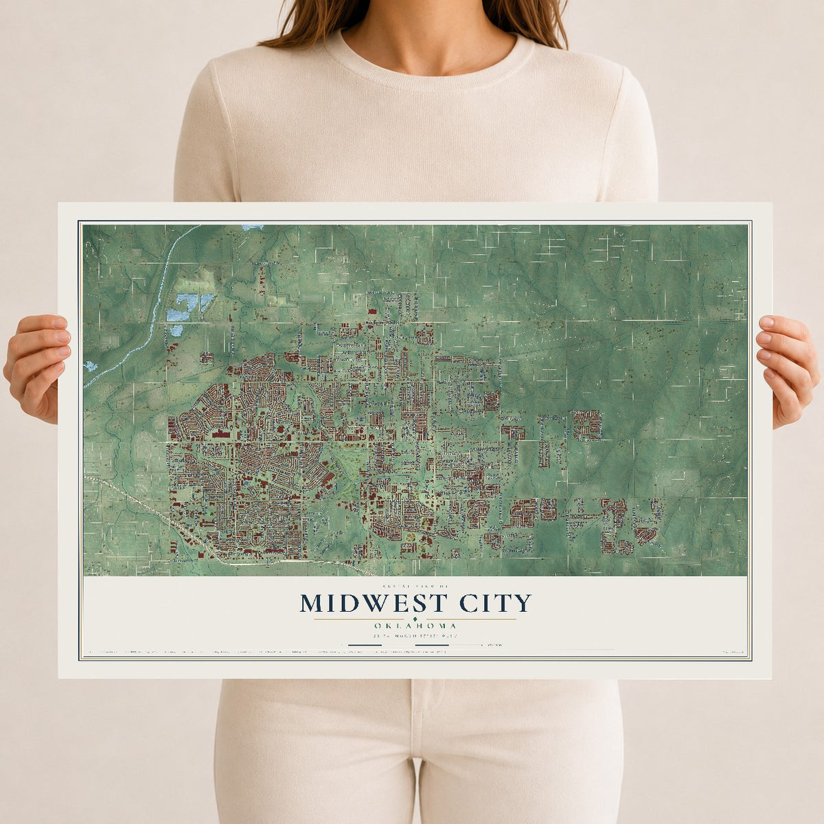 Map of Midwest City, Oklahoma, 12 x 18 inch unframed archival matte print