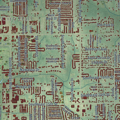 Second close-up of the map of Midwest City, Oklahoma print showing more streets and buildings