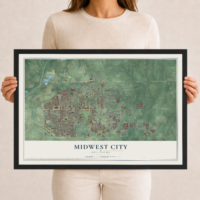 Map of Midwest City, Oklahoma, 12 x 18 inch print in a black wood frame