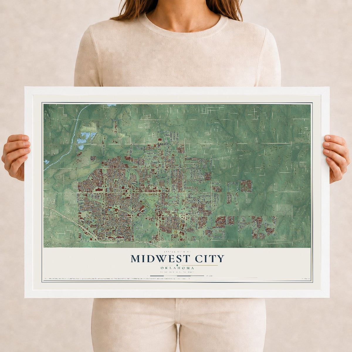 Map of Midwest City, Oklahoma, 12 x 18 inch print in a white wood frame
