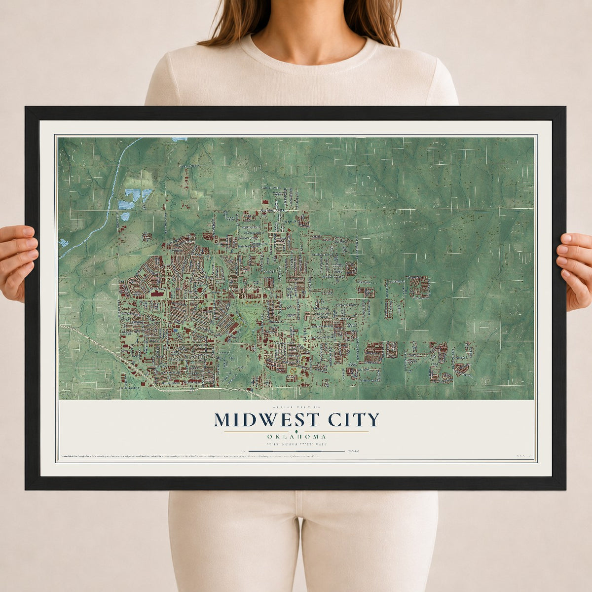 Map of Midwest City, Oklahoma, 18 x 24 inch print in a black wood frame