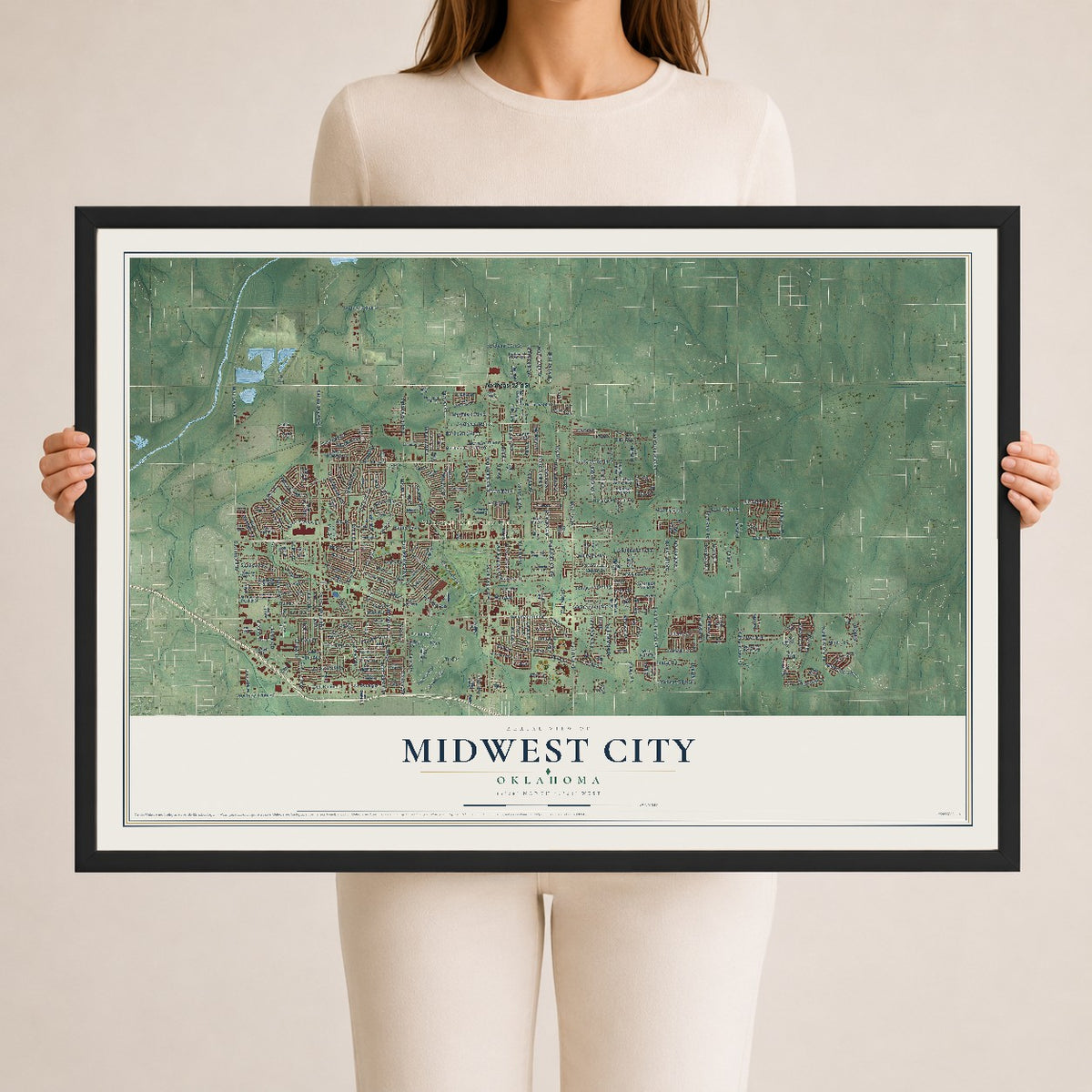 Map of Midwest City, Oklahoma, 24 x 36 inch print in a black wood frame