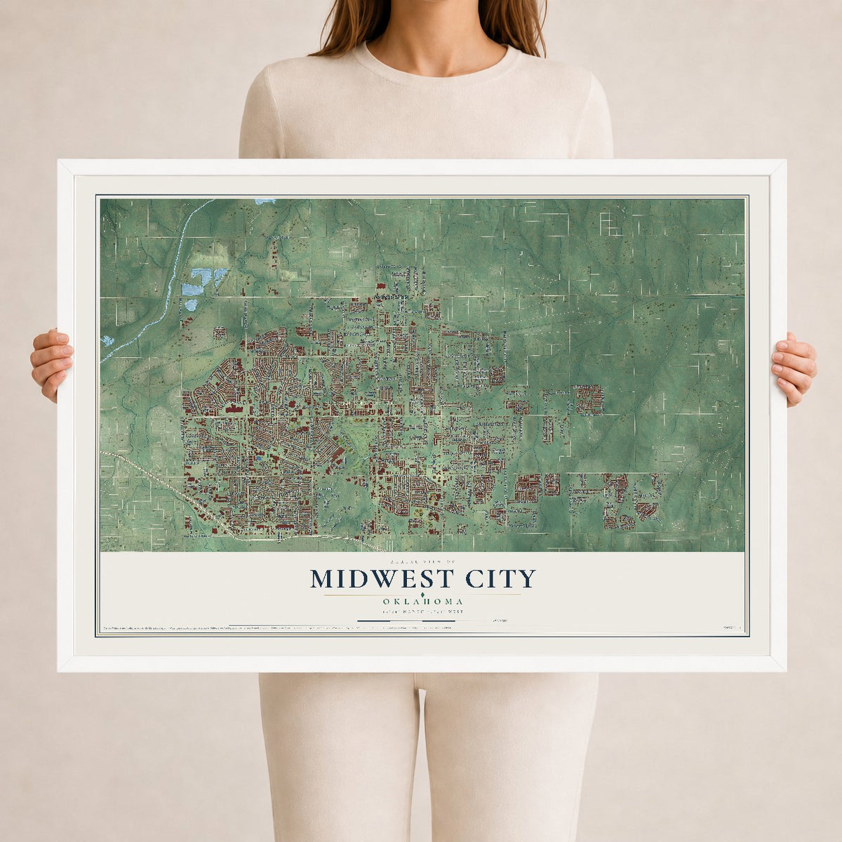 Map of Midwest City, Oklahoma, 24 x 36 inch print in a white wood frame