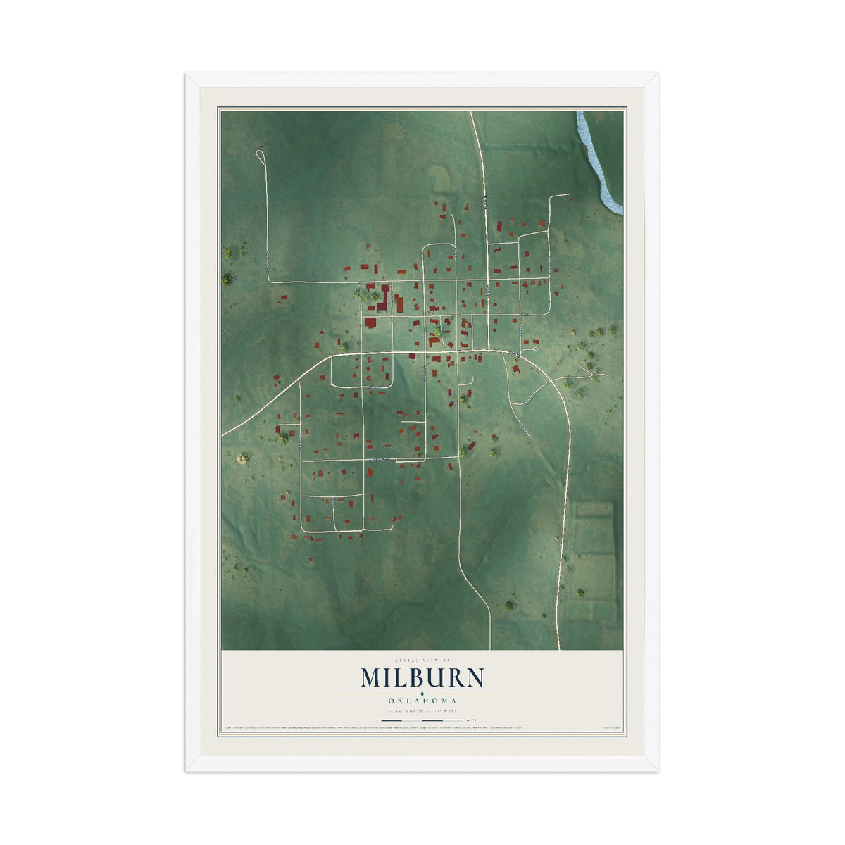 Map of Milburn, Oklahoma, 12 x 18 inch print in a white wood frame