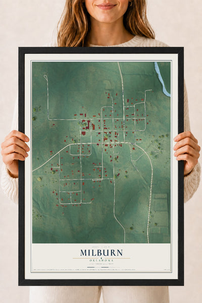 Map of Milburn, Oklahoma, 18 x 24 inch print in a black wood frame