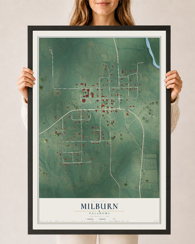 Map of Milburn, Oklahoma, 24 x 36 inch print in a black wood frame