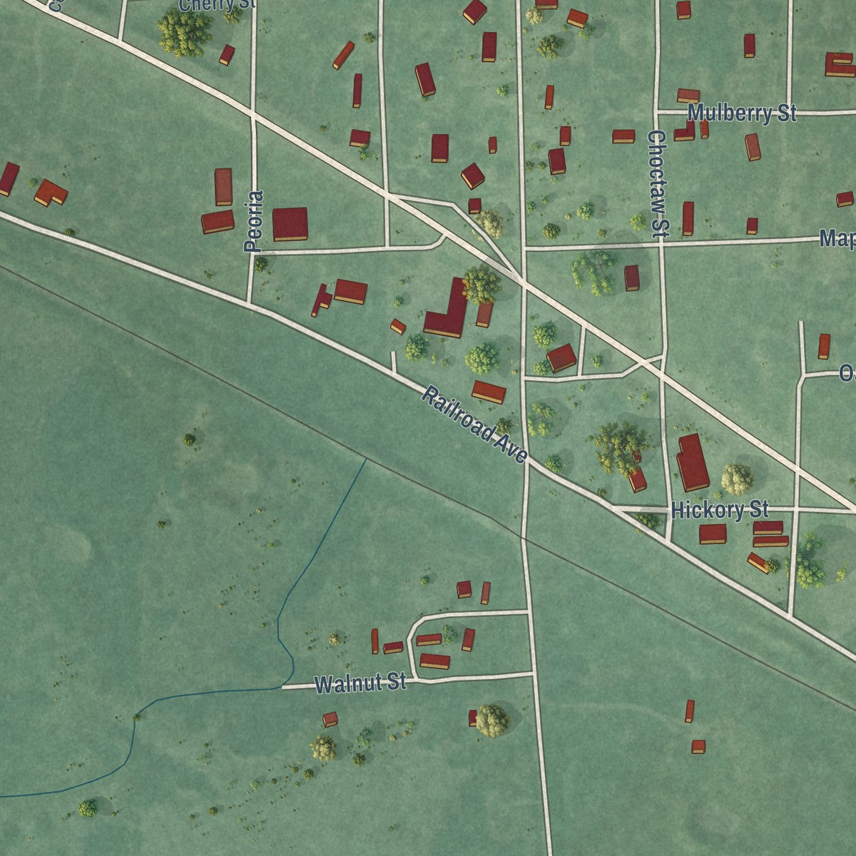 Close-up of the map of Millerton, Oklahoma print showing street and building detail