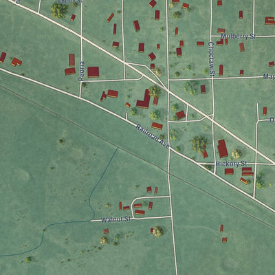 Close-up of the map of Millerton, Oklahoma print showing street and building detail