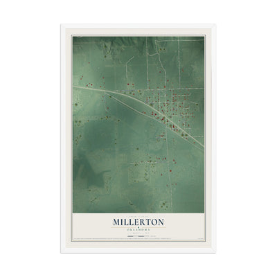 Map of Millerton, Oklahoma, 12 x 18 inch print in a white wood frame