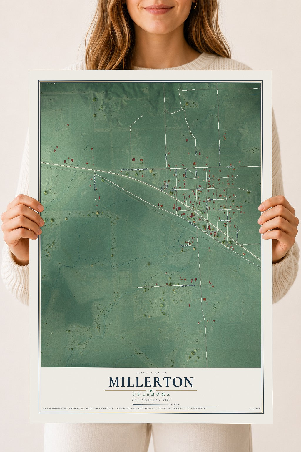 Map of Millerton, Oklahoma, 18 x 24 inch unframed archival matte print