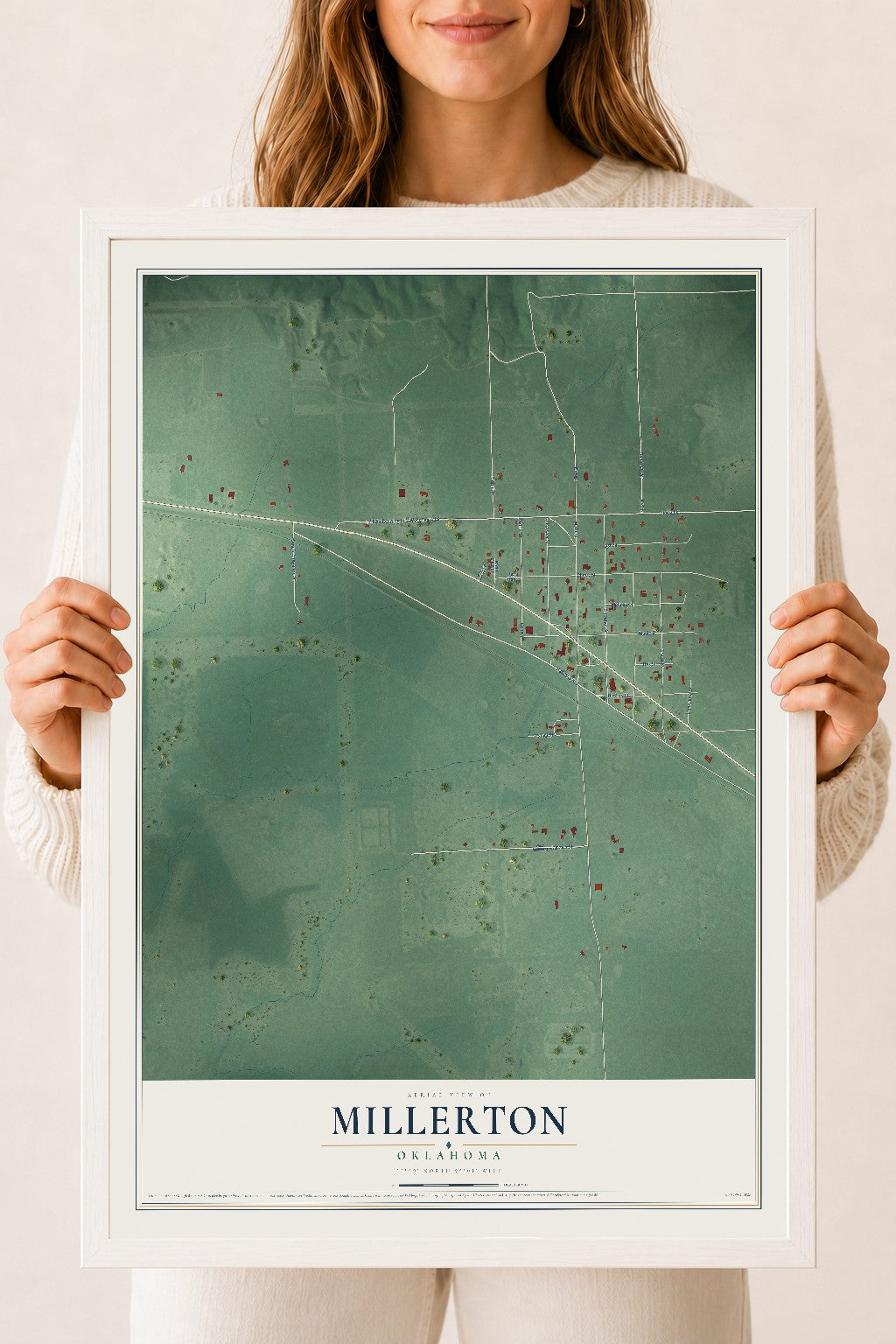 Map of Millerton, Oklahoma, 18 x 24 inch print in a white wood frame