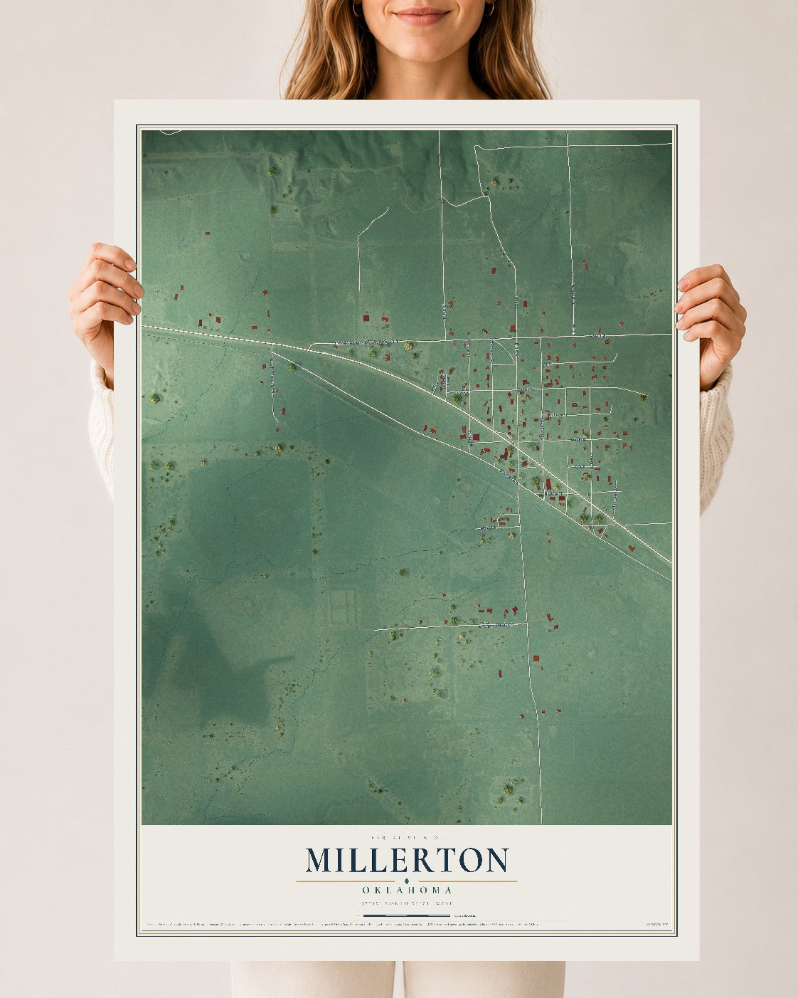 Map of Millerton, Oklahoma, 24 x 36 inch unframed archival matte print