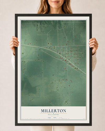 Map of Millerton, Oklahoma, 24 x 36 inch print in a black wood frame