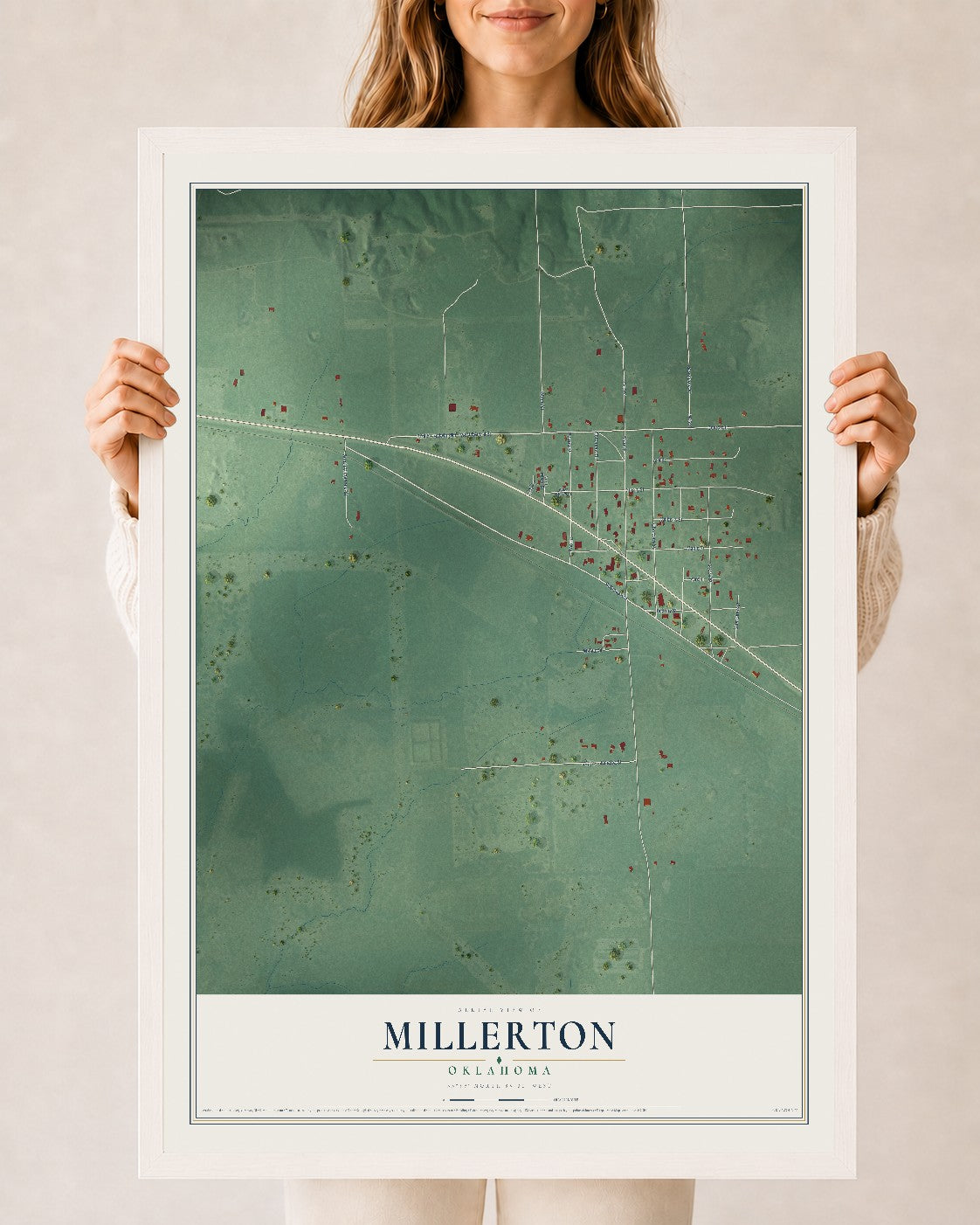 Map of Millerton, Oklahoma, 24 x 36 inch print in a white wood frame