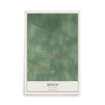 Map of Minco, Oklahoma, 12 x 18 inch unframed archival matte print
