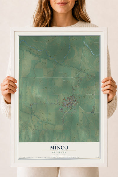 Map of Minco, Oklahoma, 18 x 24 inch print in a white wood frame