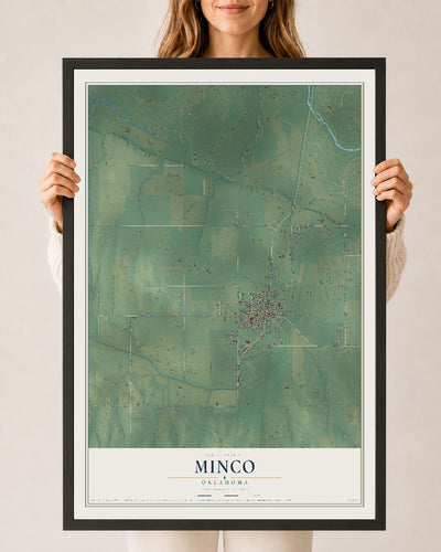 Map of Minco, Oklahoma, 24 x 36 inch print in a black wood frame
