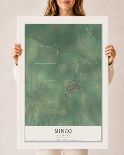 Map of Minco, Oklahoma, 24 x 36 inch print in a white wood frame