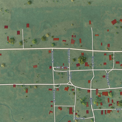 Close-up of the map of Monroe, Oklahoma print showing street and building detail