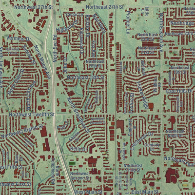 Close-up of the map of Moore, Oklahoma print showing street and building detail