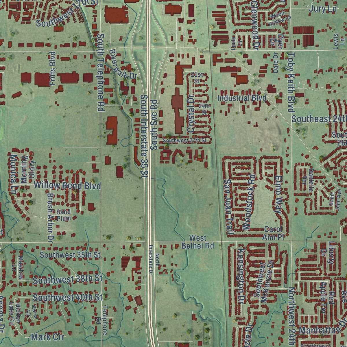 Second close-up of the map of Moore, Oklahoma print showing more streets and buildings
