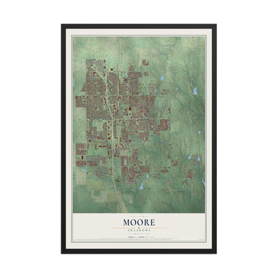 Map of Moore, Oklahoma, 12 x 18 inch print in a black wood frame