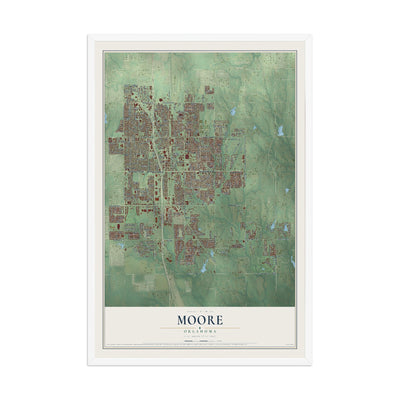 Map of Moore, Oklahoma, 12 x 18 inch print in a white wood frame
