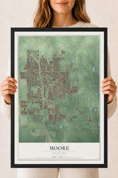 Map of Moore, Oklahoma, 18 x 24 inch print in a black wood frame