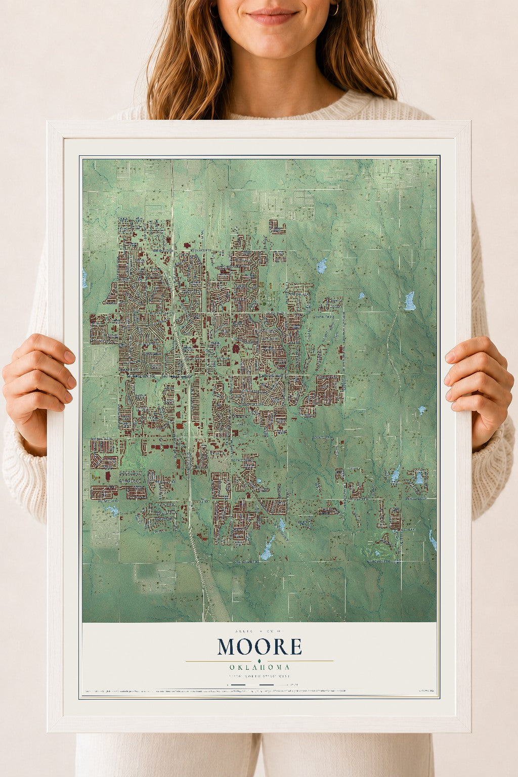 Map of Moore, Oklahoma, 18 x 24 inch print in a white wood frame
