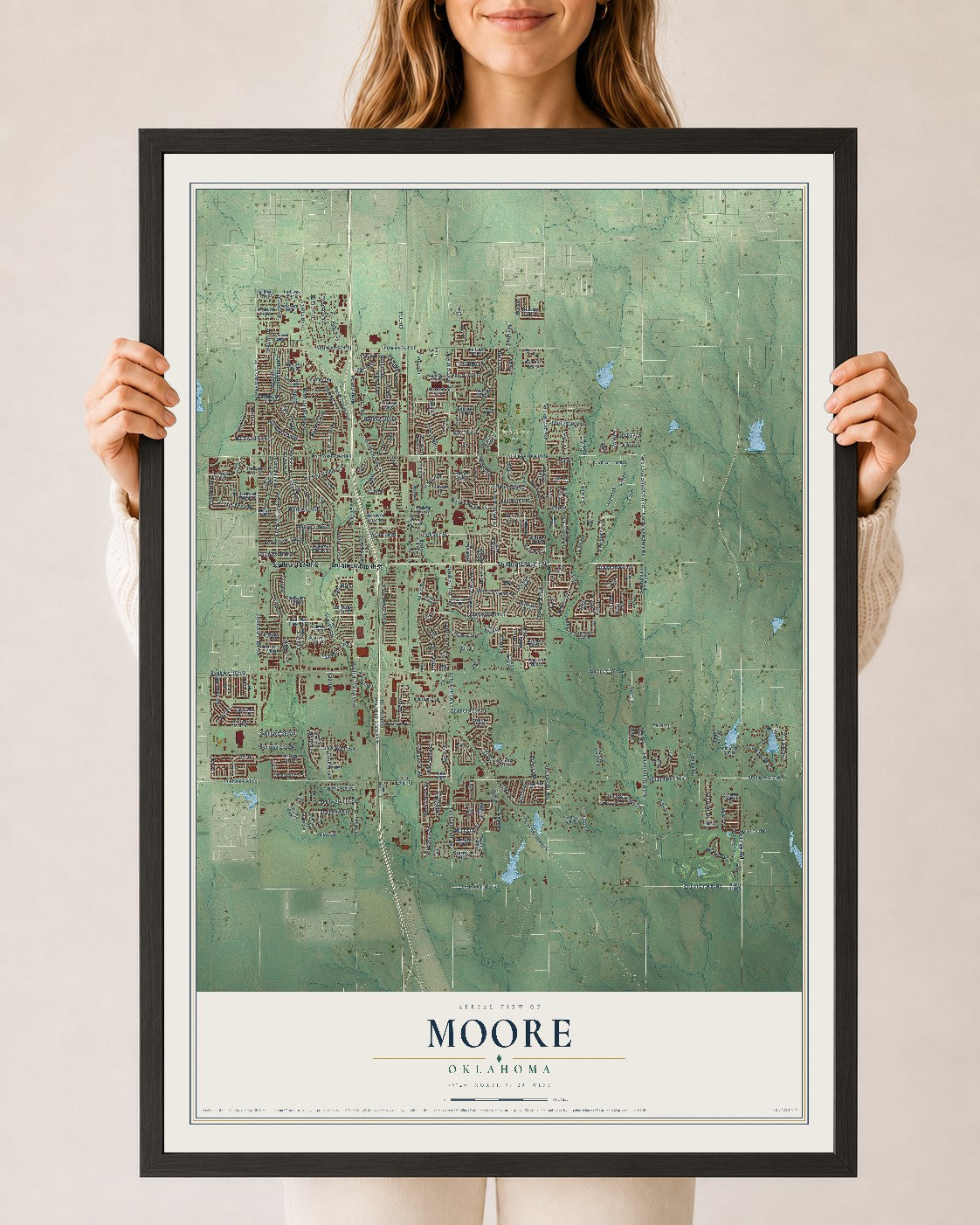 Map of Moore, Oklahoma, 24 x 36 inch print in a black wood frame