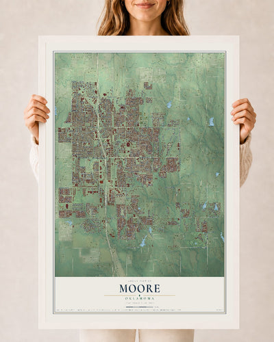 Map of Moore, Oklahoma, 24 x 36 inch print in a white wood frame