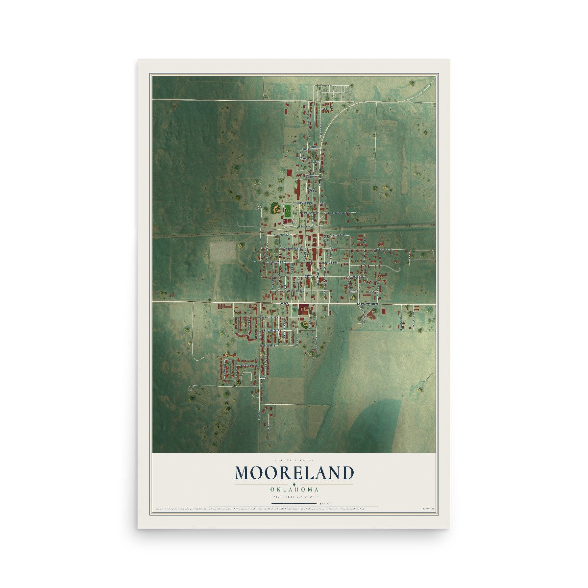 Map of Mooreland, Oklahoma, 12 x 18 inch unframed archival matte print