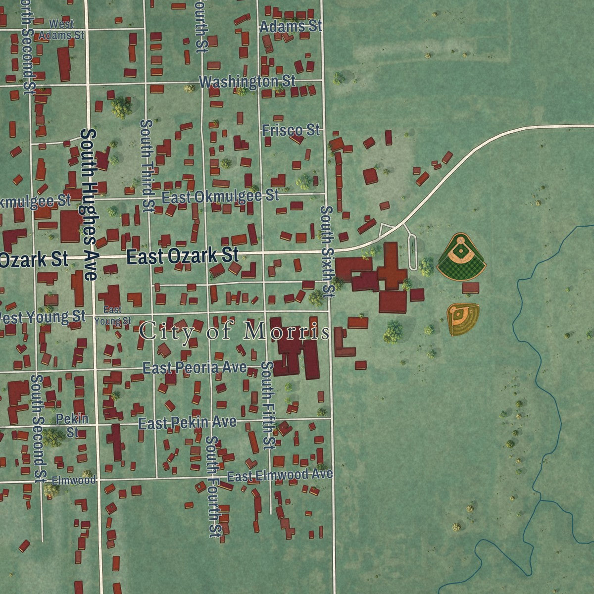 Close-up of the map of Morris, Oklahoma print showing street and building detail