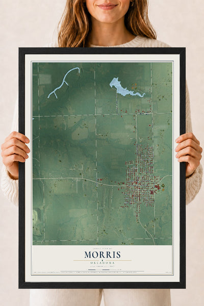 Map of Morris, Oklahoma, 18 x 24 inch print in a black wood frame