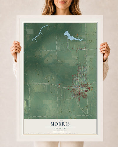Map of Morris, Oklahoma, 24 x 36 inch print in a white wood frame