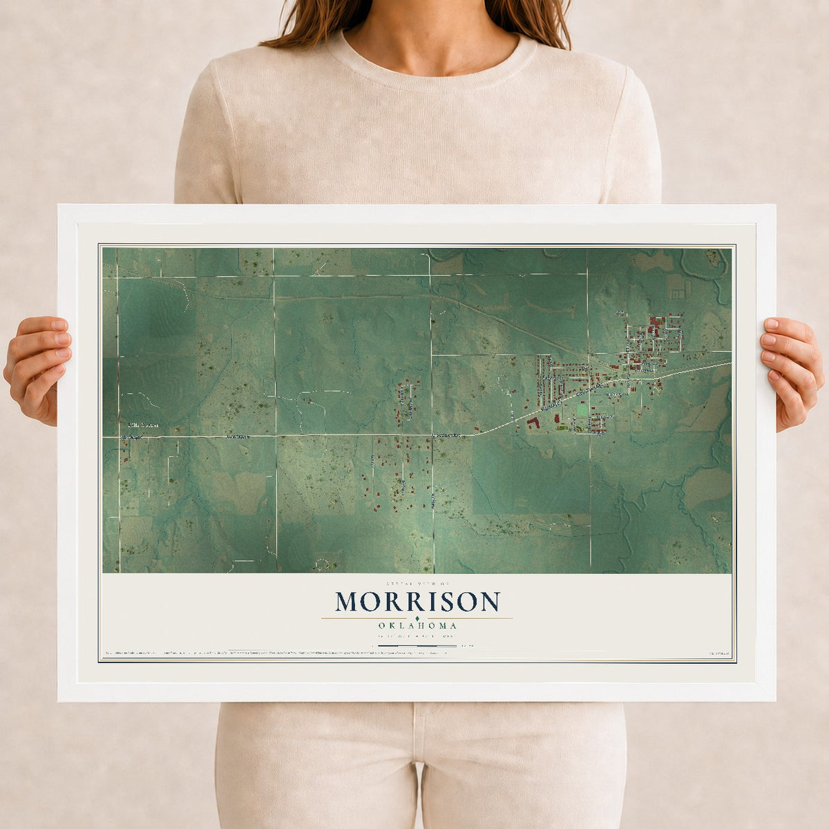 Map of Morrison, Oklahoma, 12 x 18 inch print in a white wood frame