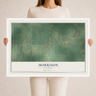 Map of Morrison, Oklahoma, 24 x 36 inch print in a white wood frame