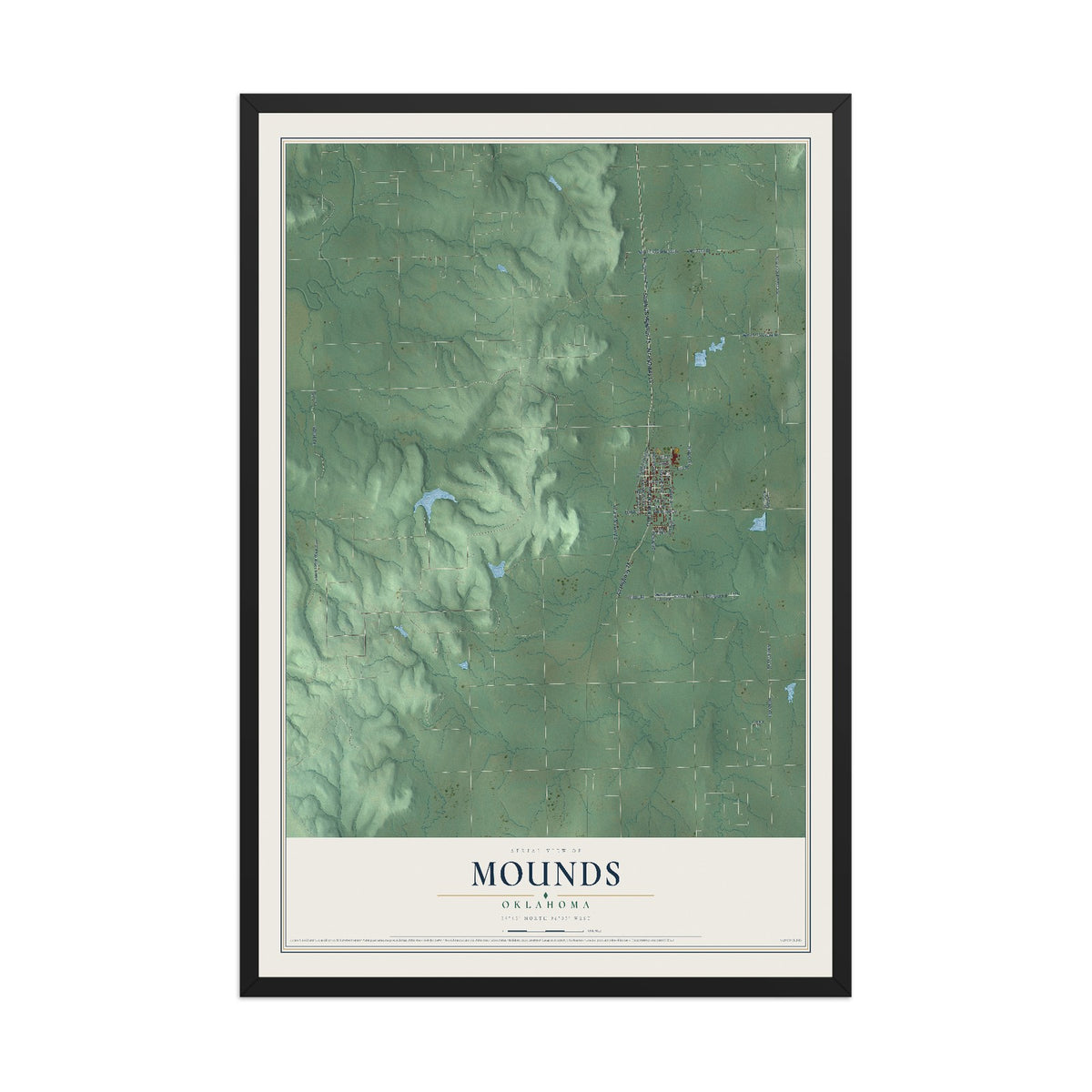 Map of Mounds, Oklahoma, 12 x 18 inch print in a black wood frame