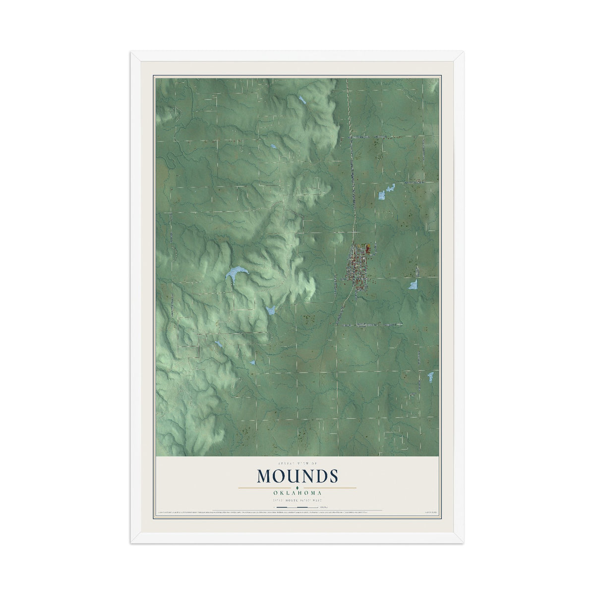 Map of Mounds, Oklahoma, 12 x 18 inch print in a white wood frame